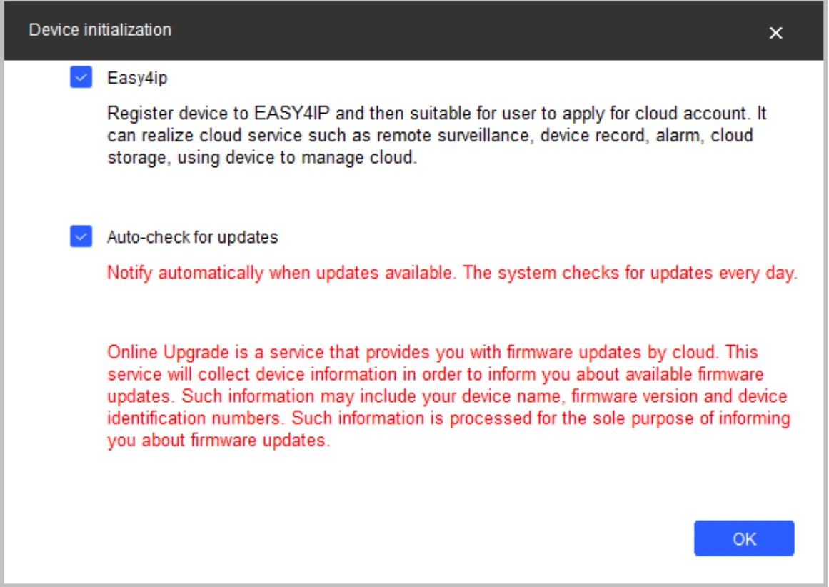 Dahua ConfigTool fragt nach optionalen Cloud- und Update-Diensten.