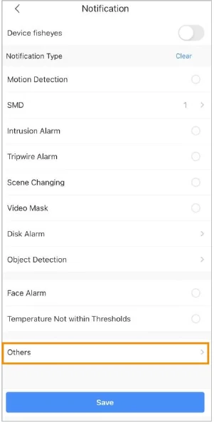 Dahua DMSS Notification zeigt auswählbare Ereignistypen wie Motion Detection, SMD, Intrusion, Tripwire und Disk Alarm.