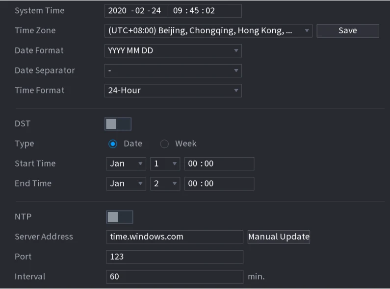 Dahua NVR Date-and-Time-Menü mit Systemzeit, Zeitzone, Sommerzeit und NTP.